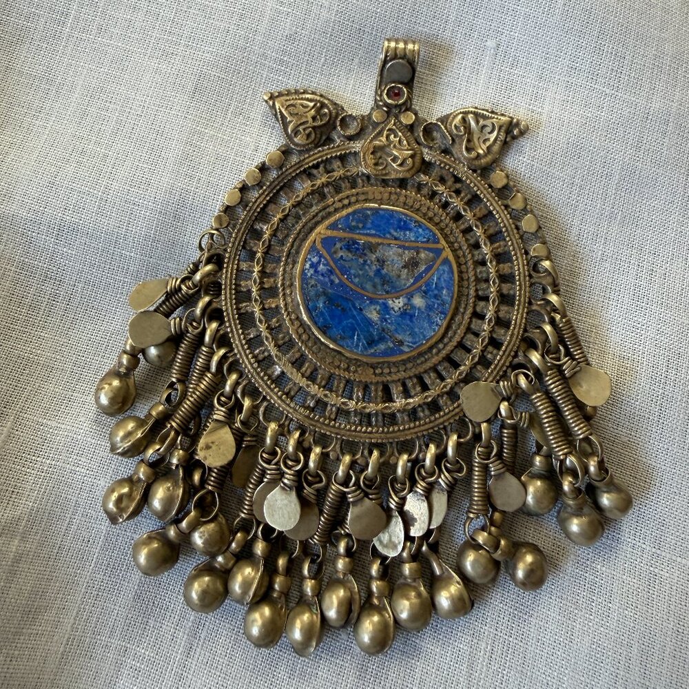 Vintage Afghan Lapis Lazuli Tribal Fringe Pendant Necklace Piece